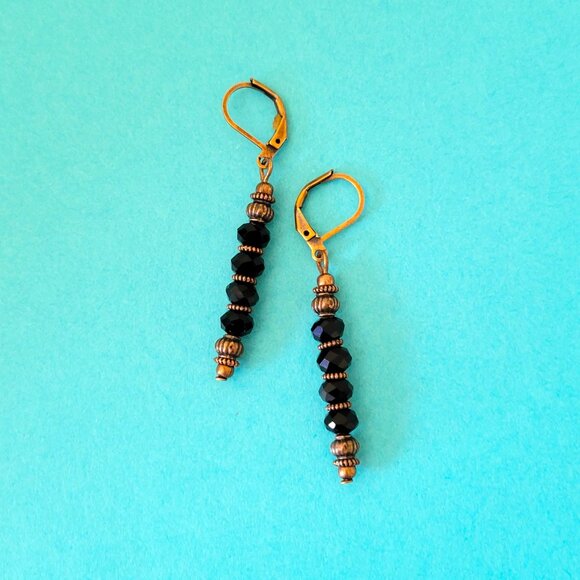 Black CRYSTAL Rondelle EARRINGS Copper Brass Lever Back Earwires Art Deco - Picture 7 of 9